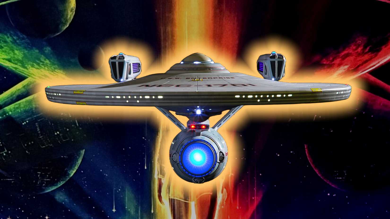Nave da Frota Estelar voa por um espaço nebuloso