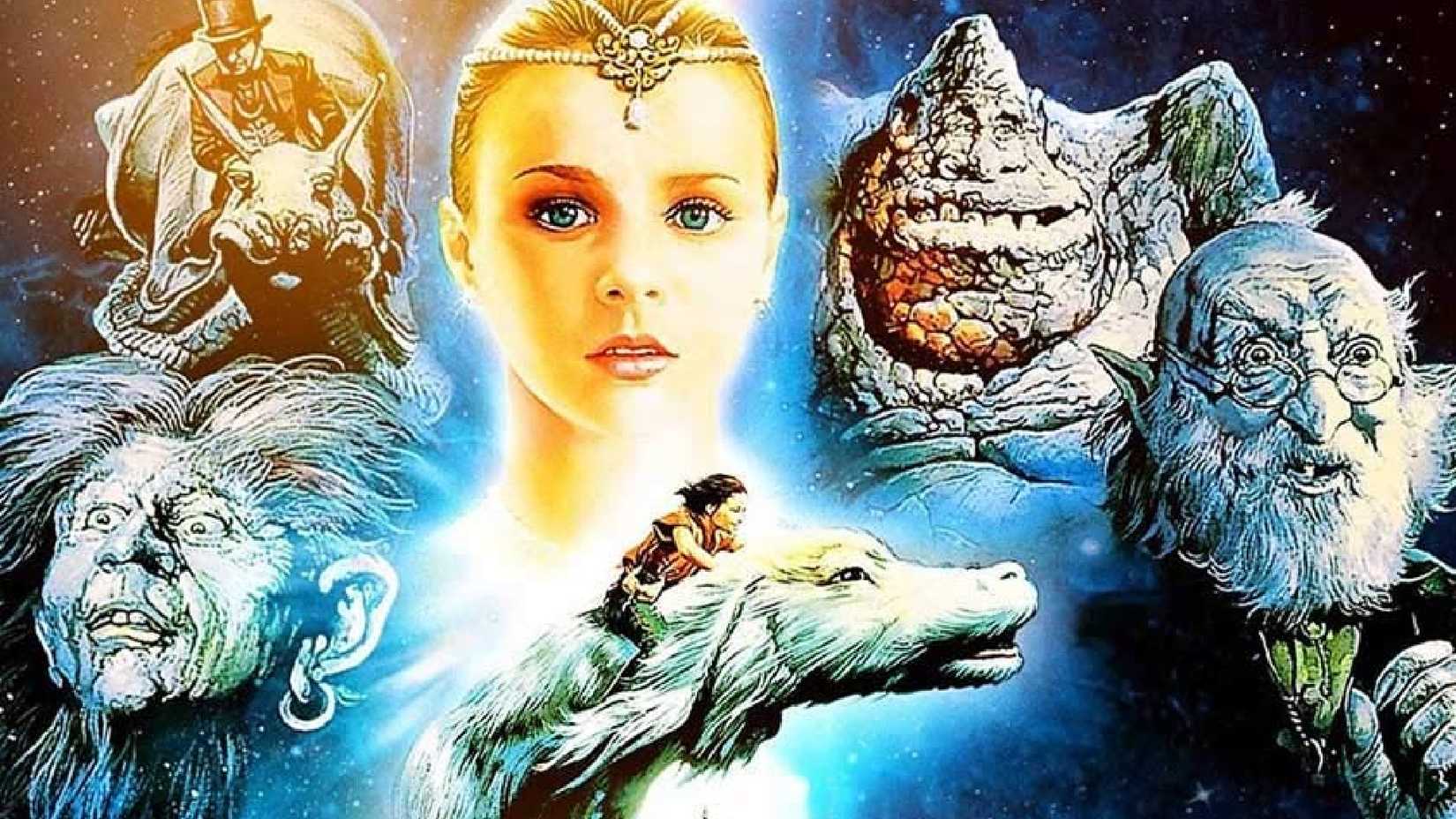 A capa de 'A História Sem Fim' mostra o garoto Bastian lendo um livro enquanto voa sobre o dragão Falkor em um céu estrelado.