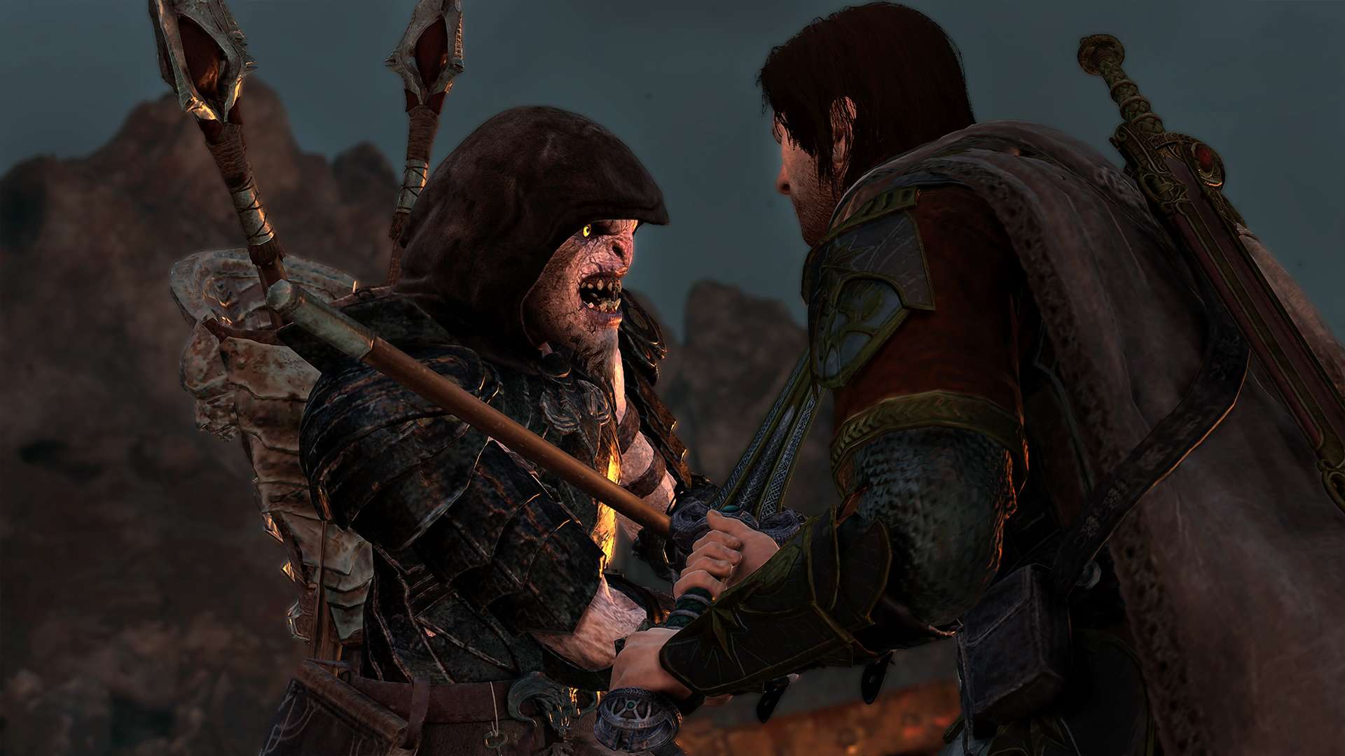 Talion agarra um orc encapuzado pelo pescoço em Sombras da Guerra