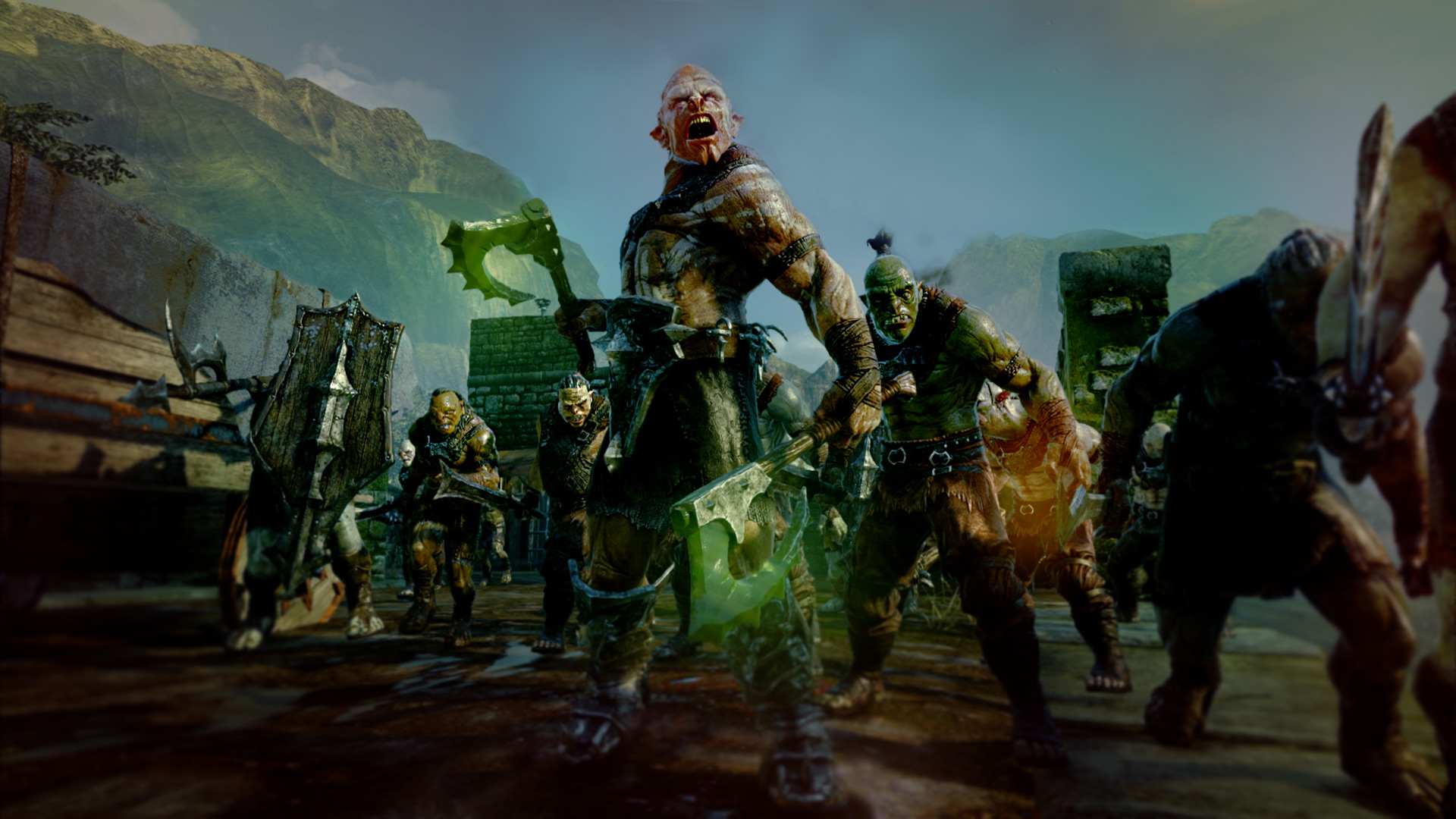 Bando de uruks avança com machados em Terra-média: Sombras de Mordor