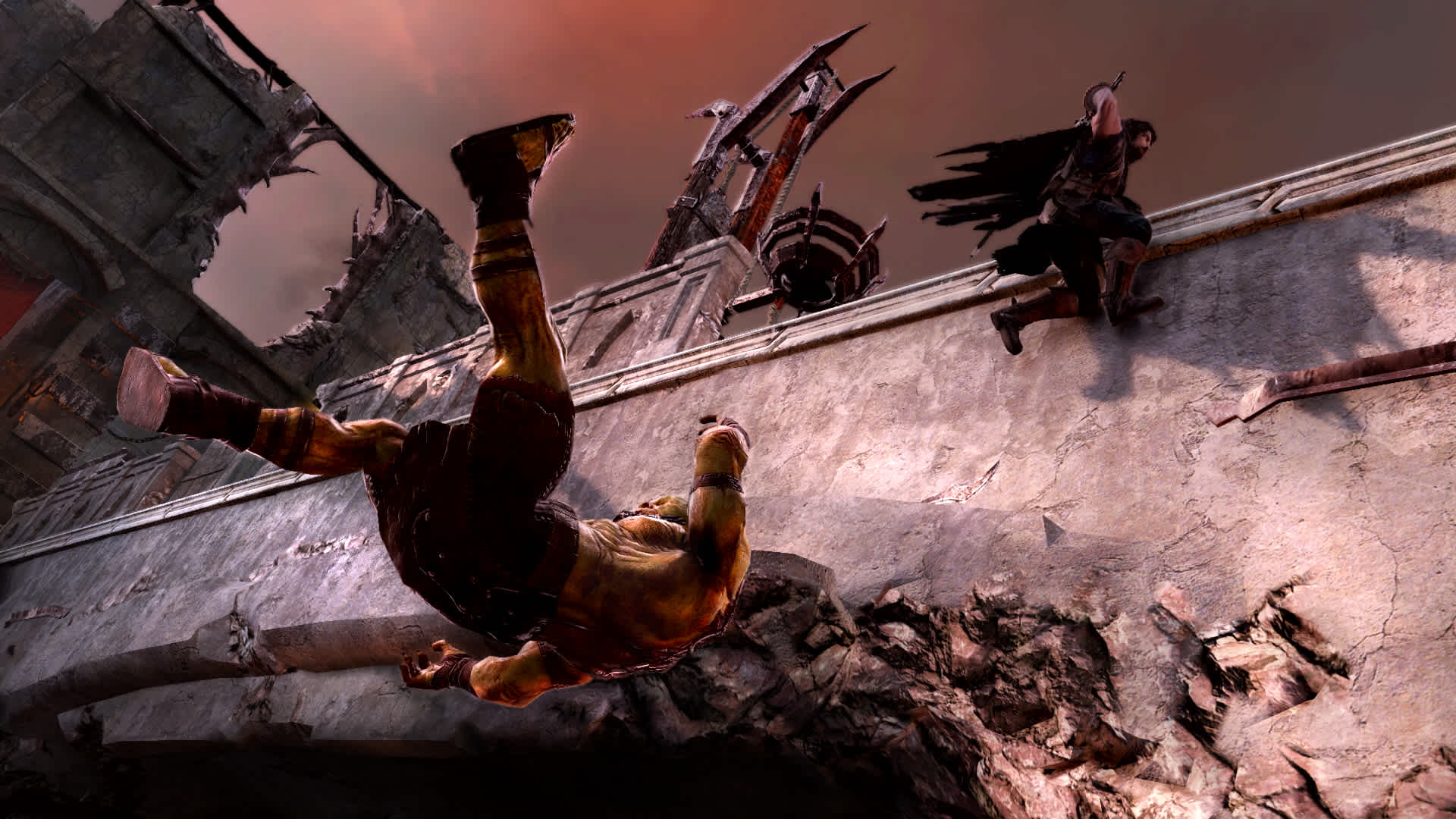 Talion no alto de uma muralha de Mordor enquanto um uruk cai de costas