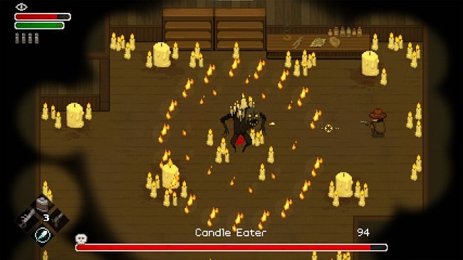 Combate contra chefe cercado de velas em Tombwater