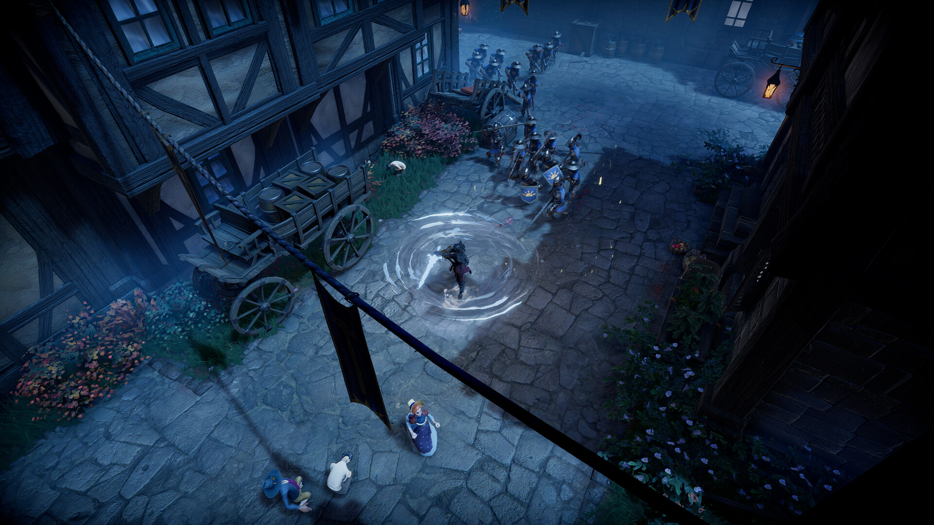 O vampiro conjura um círculo de magia em uma praça de vilarejo à noite, com uma fila de cavaleiros se aproximando