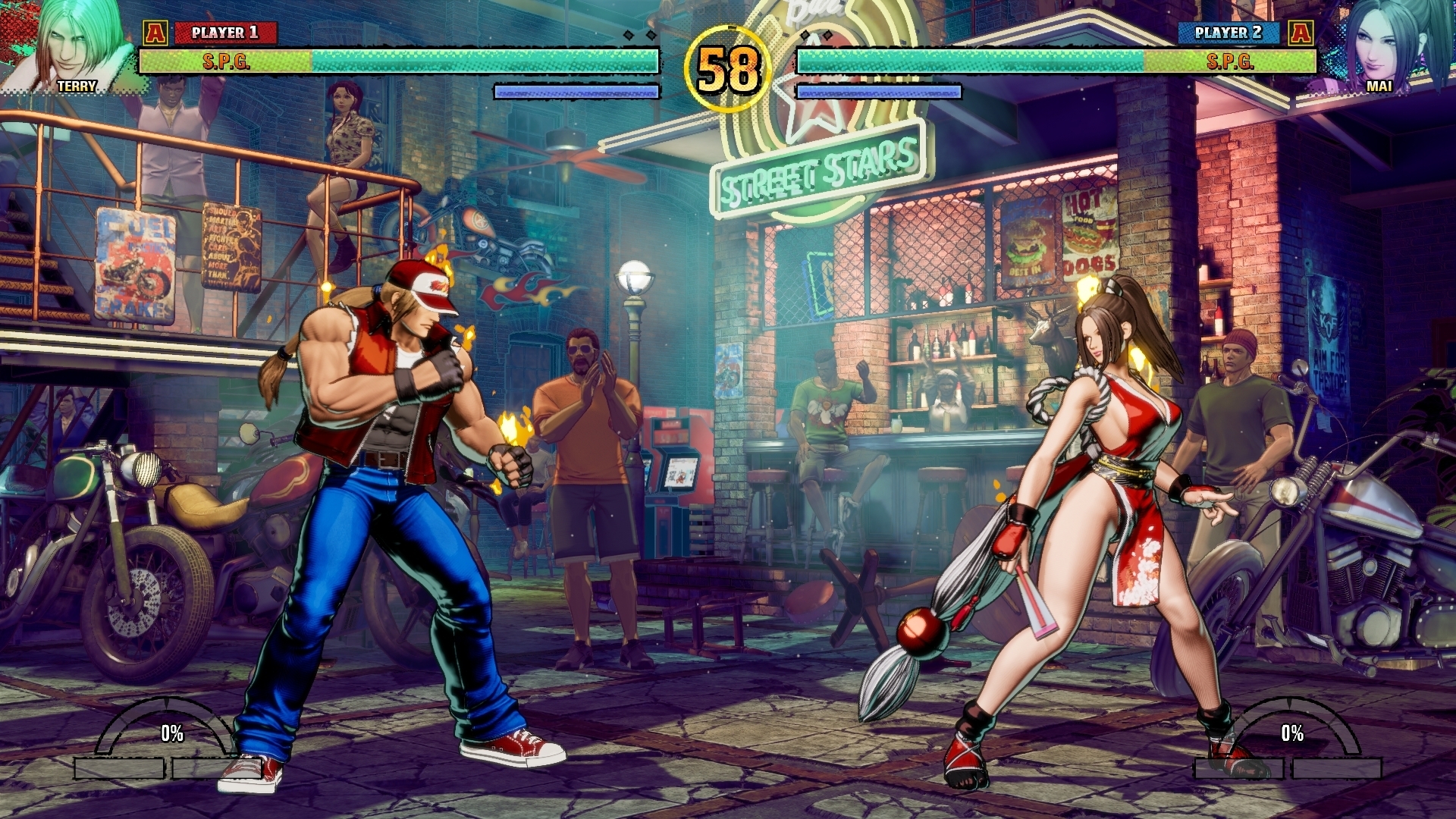 Terry Bogard e Mai Shiranui com os trajes clássicos em Fatal Fury: City of the Wolves