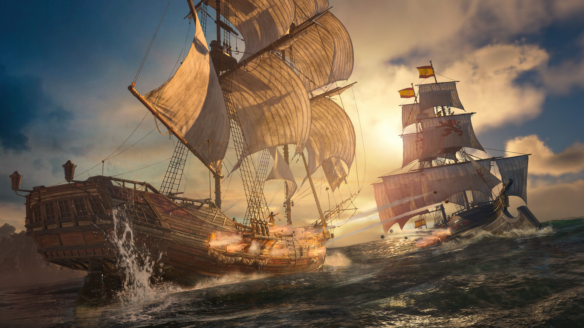 O Gralha trocando tiros de bordo com um navio espanhol ao pôr do sol
