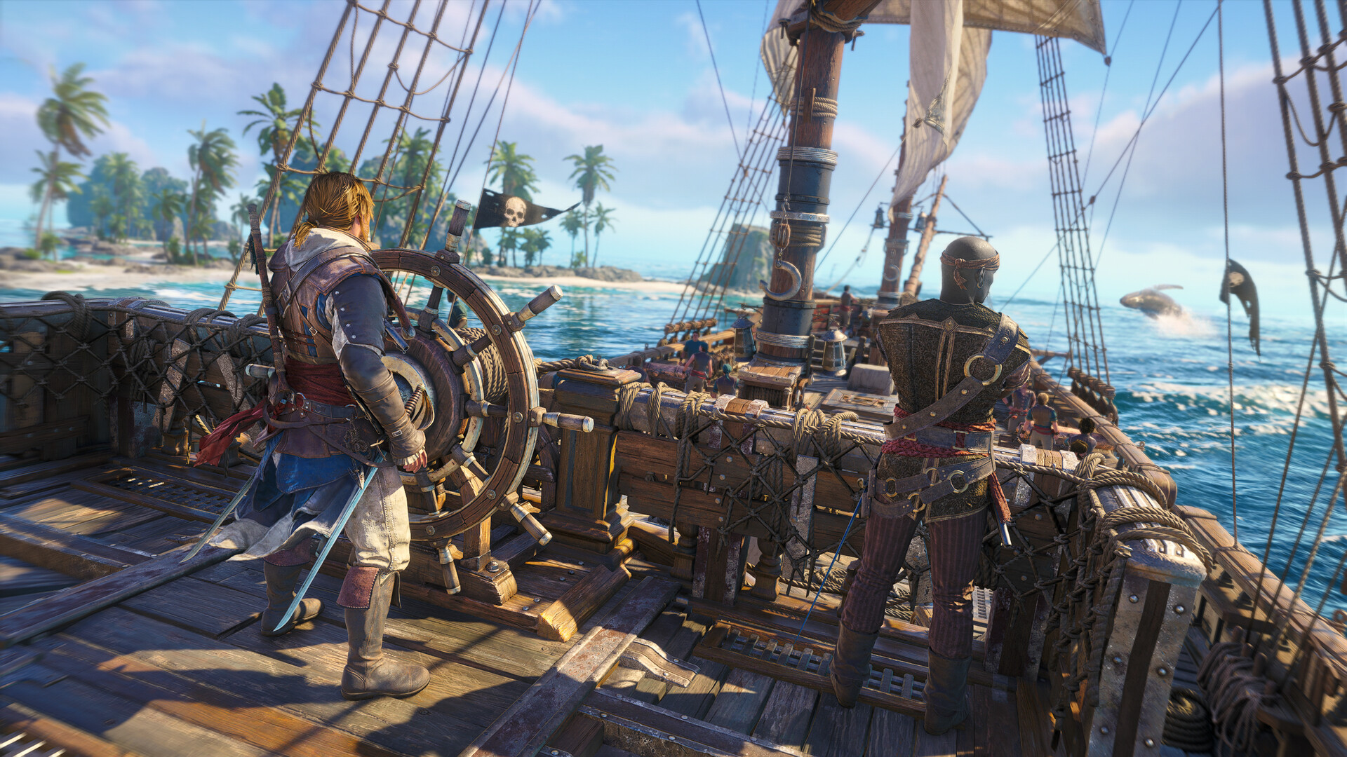 Edward Kenway ao timão do Gralha ao lado de Adéwalé, com uma baleia saltando ao fundo