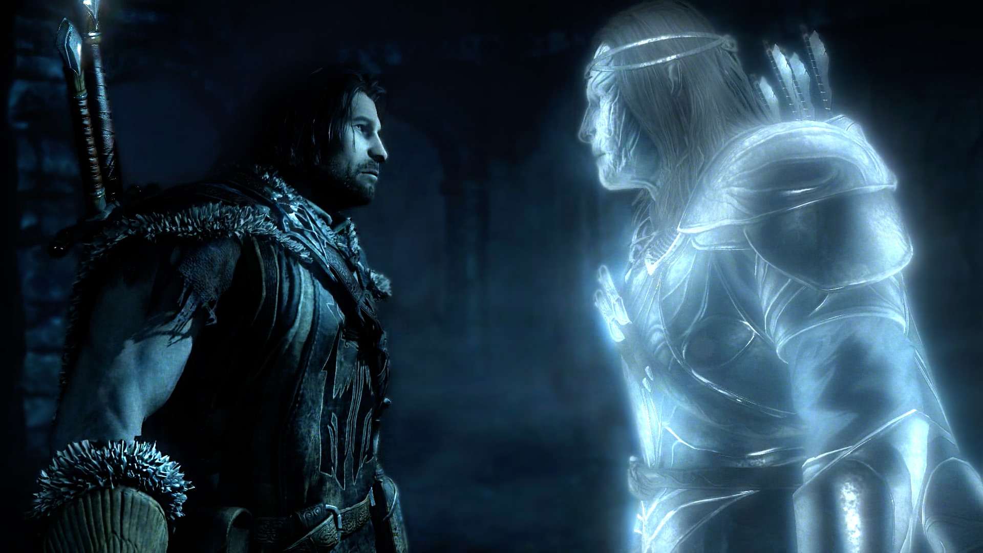 Talion frente a frente com o espectro de Celebrimbor em Terra-média: Sombras de Mordor