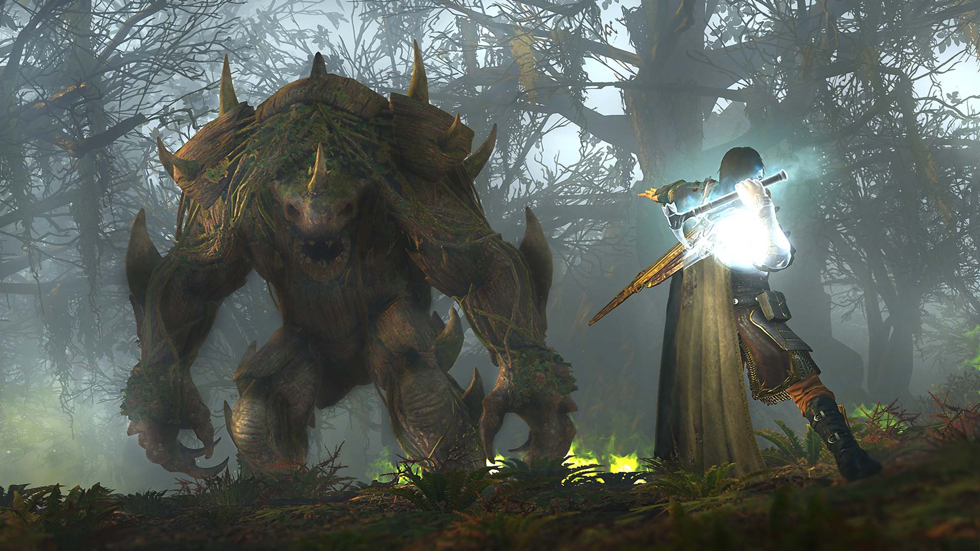 Talion encara um graug coberto de musgo em uma floresta enevoada de Sombras da Guerra